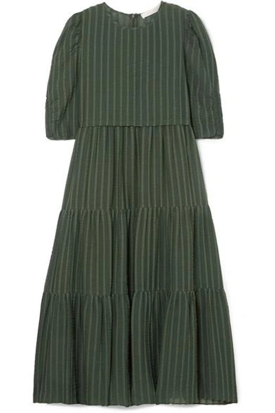 Shop See By Chloé Tiered Striped Cotton-blend Jacquard Midi Dress In Green