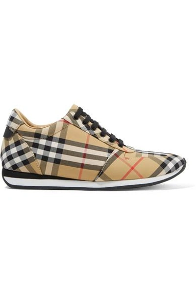 Shop Burberry Leather-trimmed Checked Canvas Sneakers In Beige