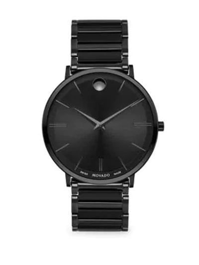 Shop Movado Ultra Slim Stainless Steel Bracelet Watch In Black