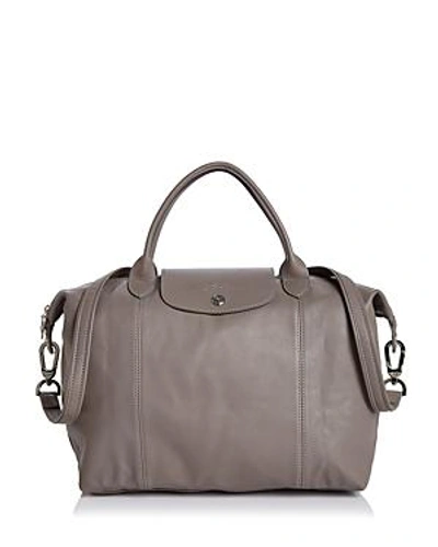 Shop Longchamp Le Pliage Medium Leather Satchel In Pebble/silver