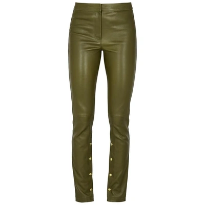 Shop Loewe Olive Skinny Leather Trousers In Khaki