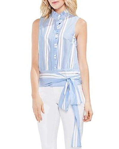 Shop Vince Camuto Ruffled Striped Tie-front Top In Ultra White