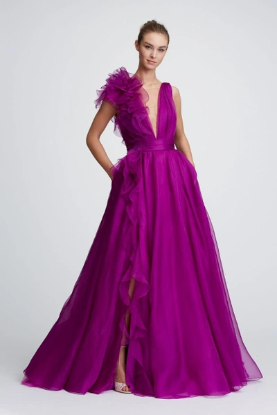 Shop Marchesa Couture Plunging V Neck Silk Organza Evening Gown In Orchid