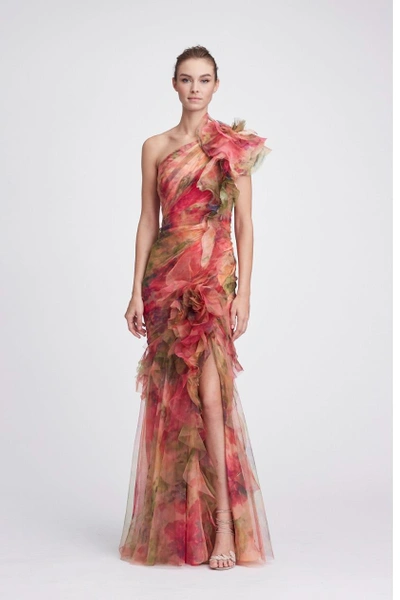 Shop Marchesa Couture One Shoulder Printed Silk Organza Evening Gown In Coral Print