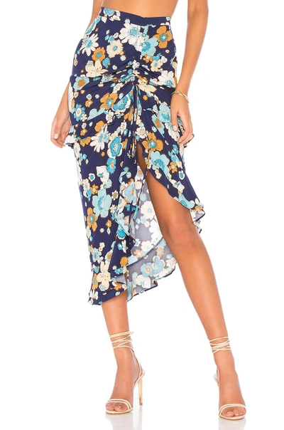 Shop For Love & Lemons Magnolia Shirred Midi Skirt In Midnight Blossom