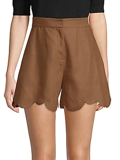 Shop Valentino Scalloped Linen Shorts In Cinnamon
