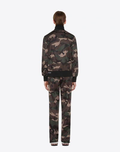 Shop Valentino Camouflage-print Blouson With Vertical Stripe Inlays Man Military Green Polyester 80%, Elastane 3% 5