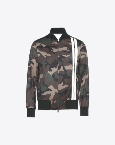 Shop Valentino Camouflage-print Blouson With Vertical Stripe Inlays Man Military Green Polyester 80%, Elastane 3% 5