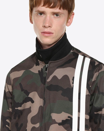 Shop Valentino Camouflage-print Blouson With Vertical Stripe Inlays Man Military Green Polyester 80%, Elastane 3% 5