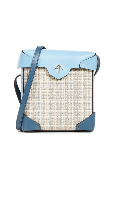Shop Manu Atelier Mini Pristine Box Tweed Bag In Tan/white/blue