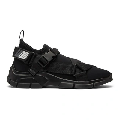 Shop Prada Black Buckled Neoprene Sneakers