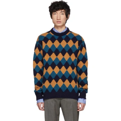 Shop Prada Blue And Brown Crewneck Sweater