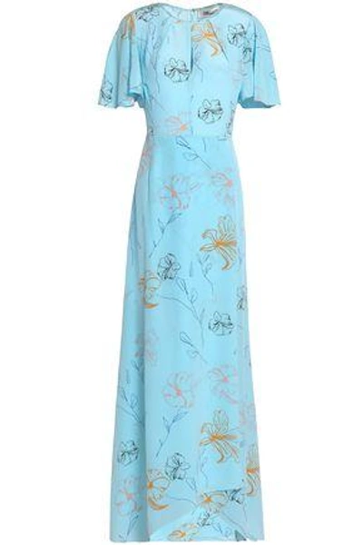 Shop Diane Von Furstenberg Woman Fluted Floral-print Silk-georgette Maxi Dress Light Blue
