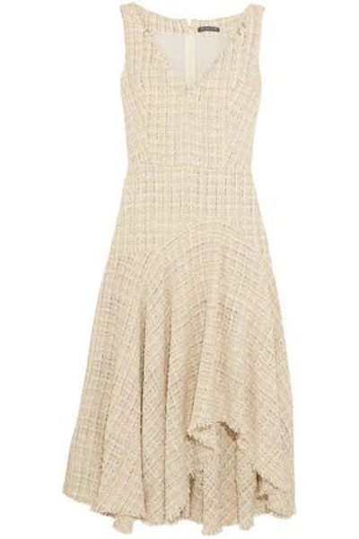 Shop Alexander Mcqueen Asymmetric Metallic Bouclé-tweed Midi Dress In Ecru