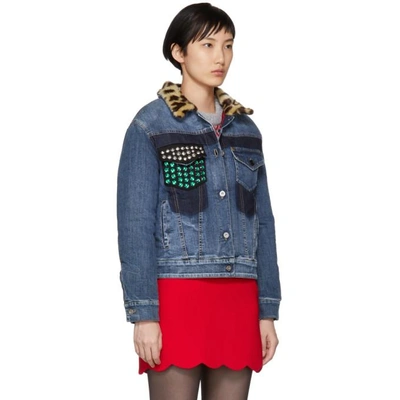 Shop Miu Miu Blue Leopard Denim Jacket In F0008 Blue