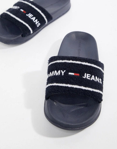 Shop Tommy Jeans Towelling Flag Logo Slider In Navy - Navy