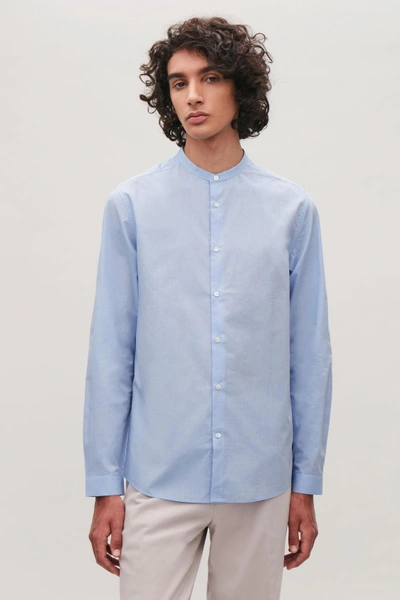 Shop Cos Collarless Cotton Shirt In Blue