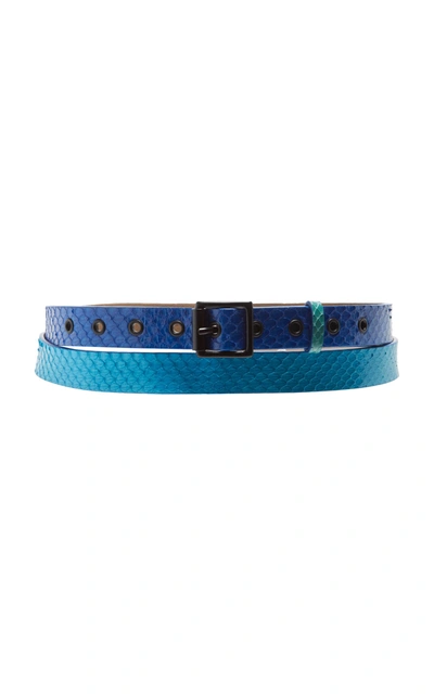 Shop Carolina Herrera Thin Double Wrap Water Snake Belt In Blue
