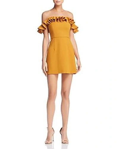 Shop French Connection Whisper Light Ruffled Off-the-shoulder Dress In Mustard Seed