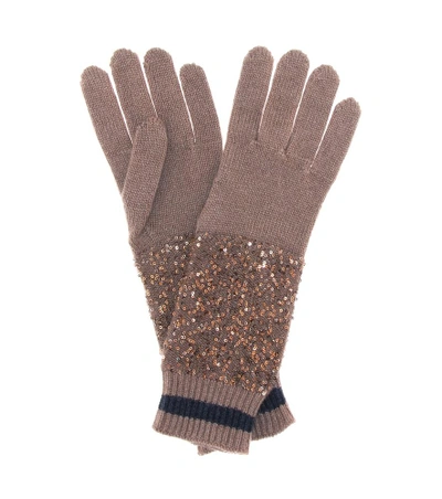 Shop Brunello Cucinelli Sequined Cashmere And Silk Gloves In Brown