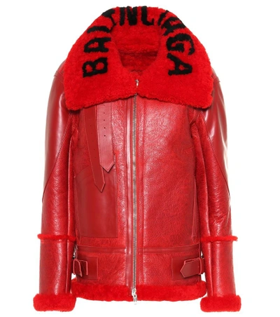 Shop Balenciaga The Bombardier Shearling Jacket In Red
