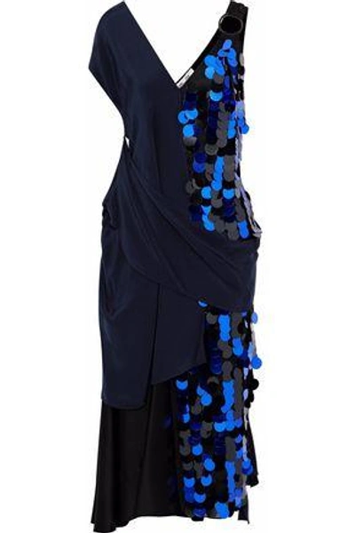 Shop Diane Von Furstenberg Draped Satin And Sequined Silk-chiffon Midi Dress In Midnight Blue