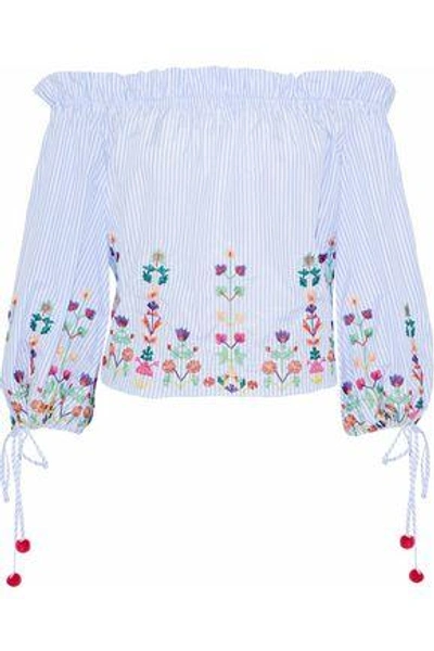 Shop Raoul Woman Off-the-shoulder Embroidered Striped Cotton Blouse Light Blue