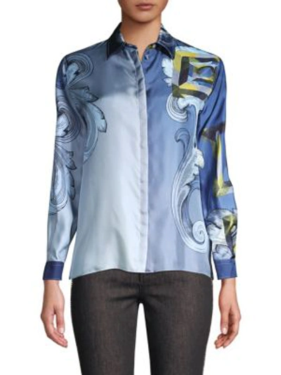 Shop Versace Long Sleeve Printed Silk Shirt In Blue Print