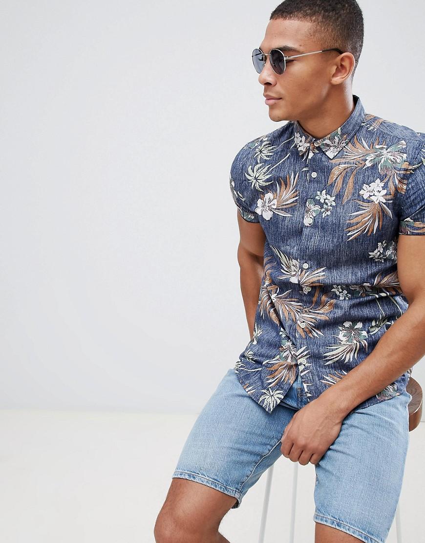 New Look Shirt In Muscle Fit With Floral Print In Blue - Blue | ModeSens