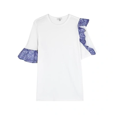 Shop Clu White Ruffle-trimmed Cotton Top In White And Blue
