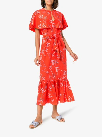 Shop Borgo De Nor Margarita Crepe Floral Print Cape Detail Dress In Red