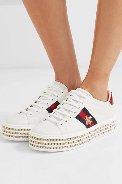 gucci white crystal new ace sneakers