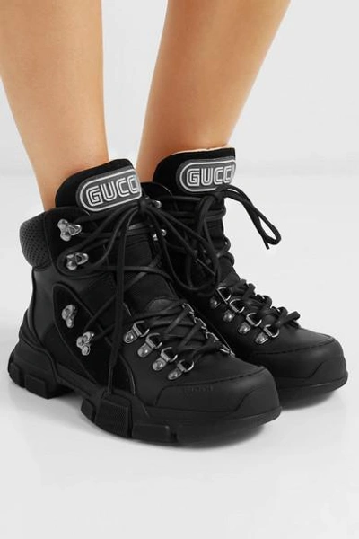 Shop Gucci Flashtrek Logo-appliquéd Suede, Leather And Canvas Ankle Boots In Black