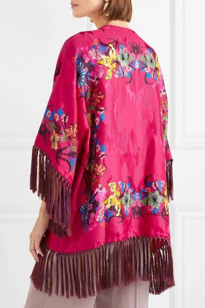 Shop Etro Fringed Floral-print Satin-jacquard Kimono In Pink