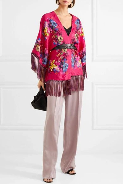 Shop Etro Fringed Floral-print Satin-jacquard Kimono In Pink