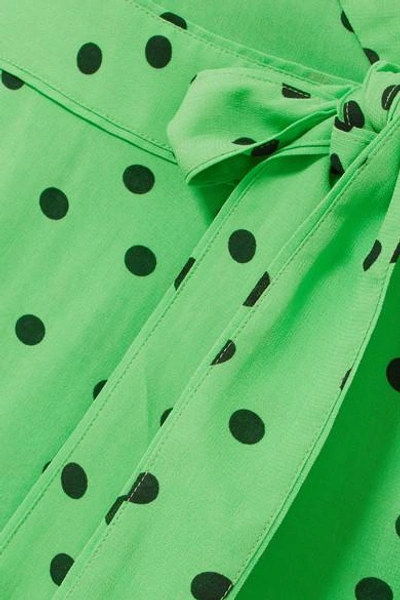 Shop Ganni Polka-dot Georgette Wrap Dress In Green