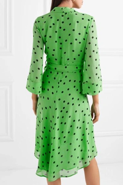 Shop Ganni Polka-dot Georgette Wrap Dress In Green