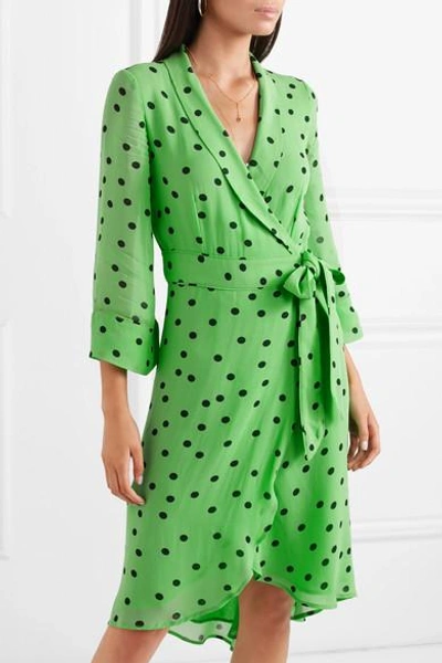 Shop Ganni Polka-dot Georgette Wrap Dress In Green