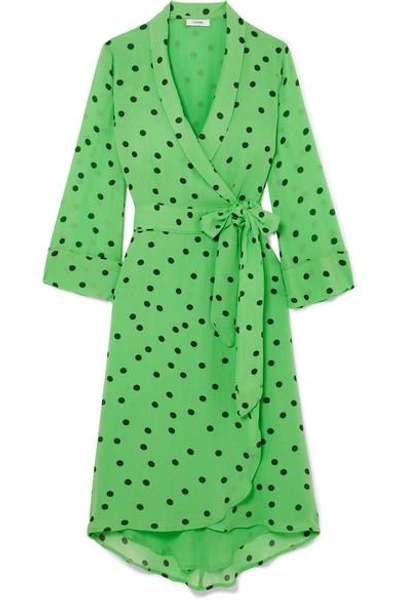 Shop Ganni Polka-dot Georgette Wrap Dress In Green