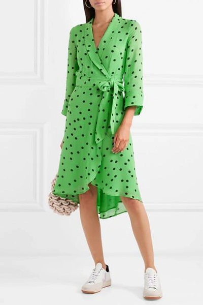 Ganni Dainty Polka Dot Crepe Wrap Dress In Classic Green | ModeSens