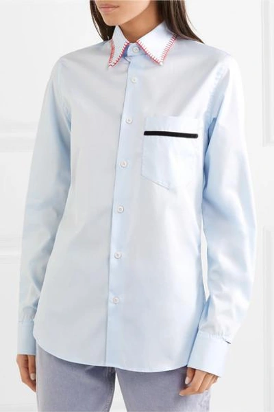 Shop Blouse Barry Embroidered Velvet-trimmed Cotton-poplin Shirt In Light Blue