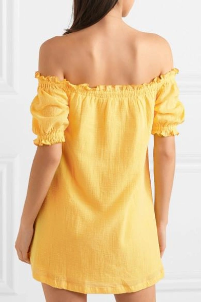 Shop She Made Me Kali Off-the-shoulder Crinkled-cotton Mini Dress In Yellow