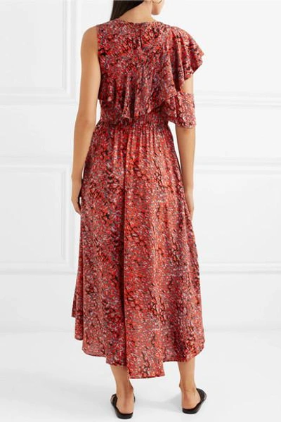 Shop Maje Ruffled Leopard-print Crepe Midi Dress In Coral