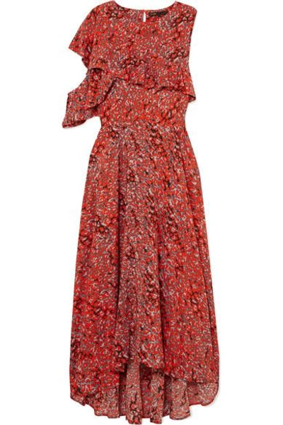 Shop Maje Ruffled Leopard-print Crepe Midi Dress In Coral
