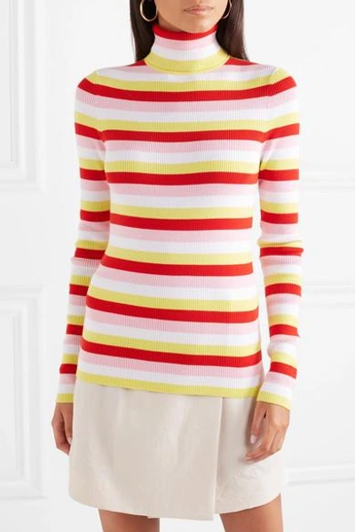 Shop La Ligne Tick Striped Ribbed Stretch-cotton Jersey Turtleneck Sweater In Red