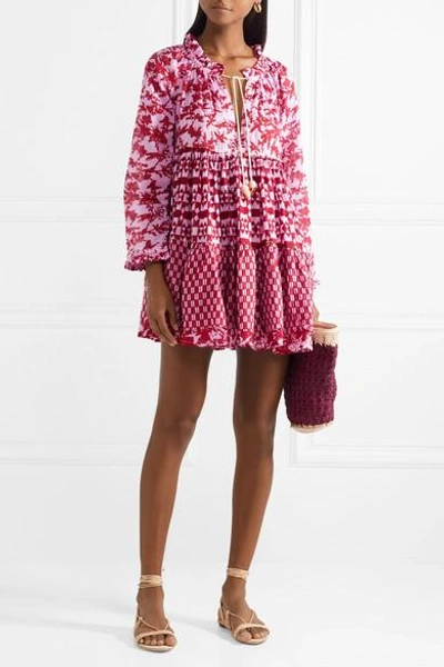 Shop Yvonne S Tiered Printed Cotton-voile Mini Dress In Pink