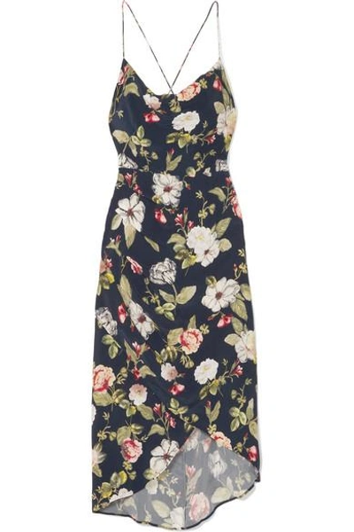 Shop Alice And Olivia Reena Wrap-effect Floral-print Matte-satin Dress In Navy