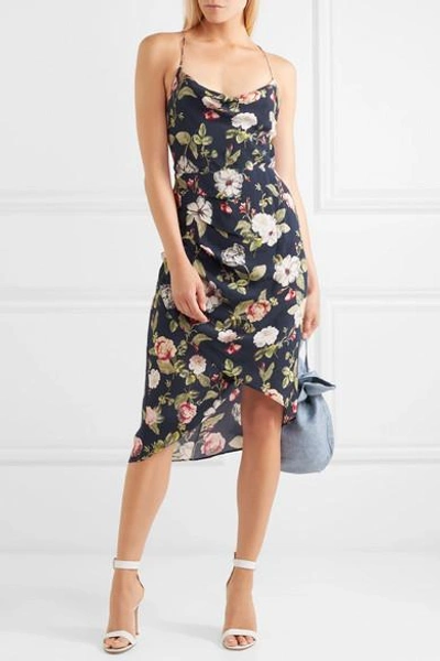 Shop Alice And Olivia Reena Wrap-effect Floral-print Matte-satin Dress In Navy