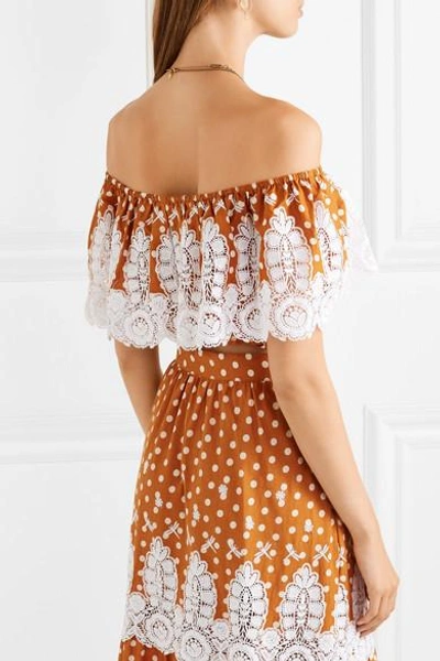 Shop Miguelina Dakota Off-the-shoulder Crocheted Polka-dot Cotton Top In Tan