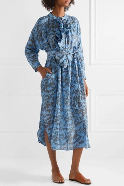 Shop Yvonne S Ruffled Printed Linen Midi Dress In Light Blue